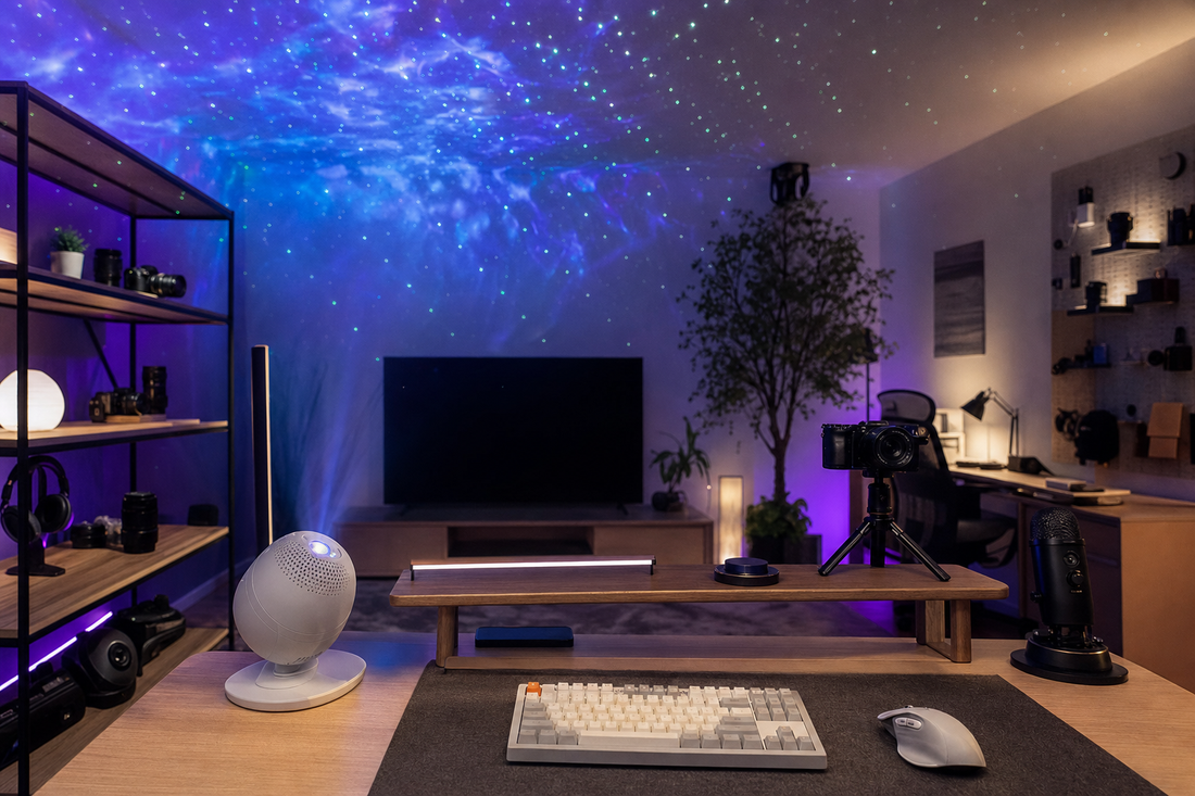 Premium online store specializing in smart galaxy projectors, ambient room lighting, ergonomic desk setups, vlogging gear, and practical daily tech accessories.