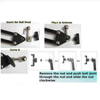 Step-by-step assembly of a ball joint mount for tech gadgets, showing insert, place, and screw instructions.