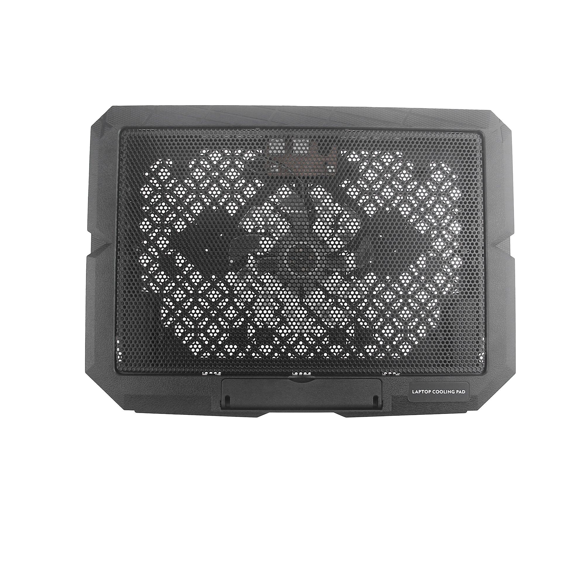 Black laptop cooling pad with mesh surface and multiple fans for optimal tech gadget performance