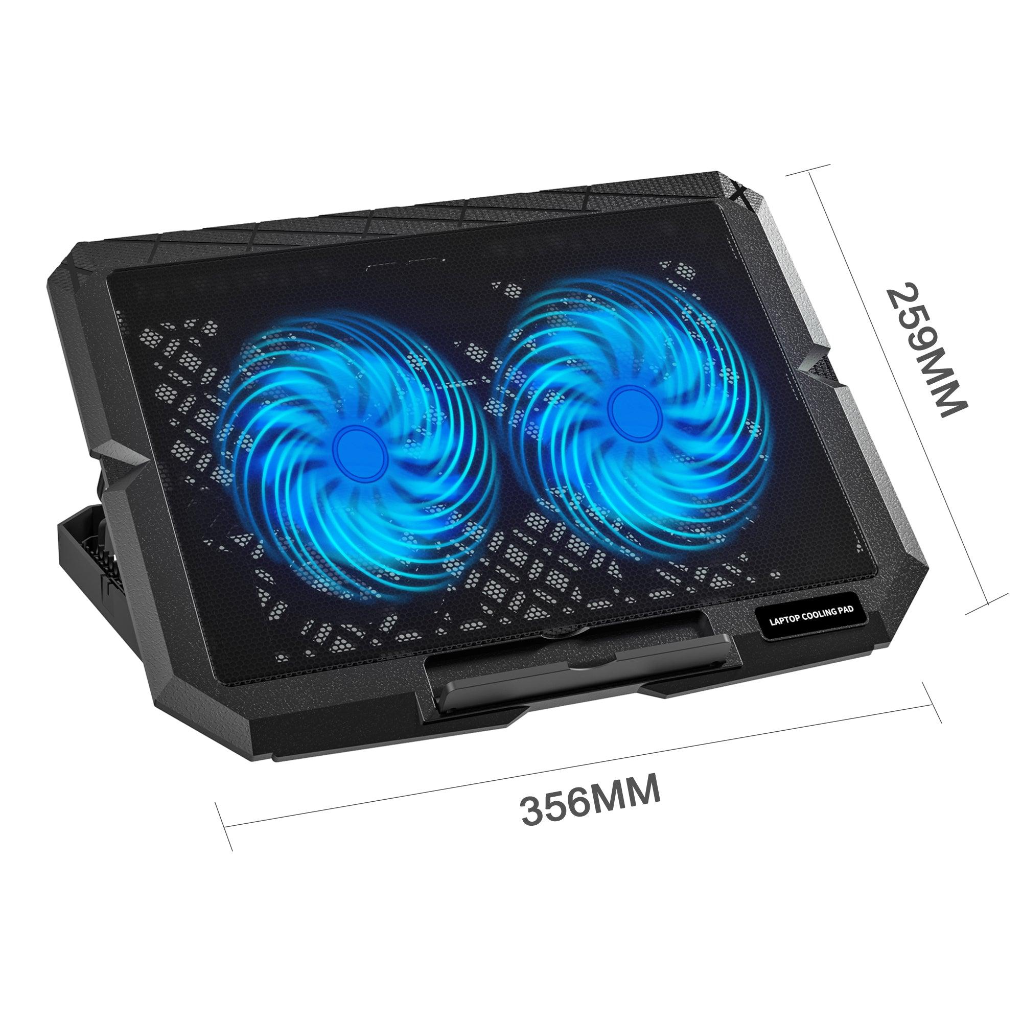 Laptop cooling pad with dual blue LED fans, 356mm x 259mm, for optimal tech gadget performance.