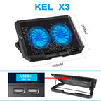 KEL X3 laptop cooling pad with dual blue LED fans and USB ports, 356mm x 259mm