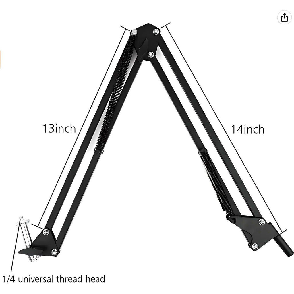 Black adjustable monitor arm with 13-14 inch extension and 1/4 universal thread head for tech gadgets