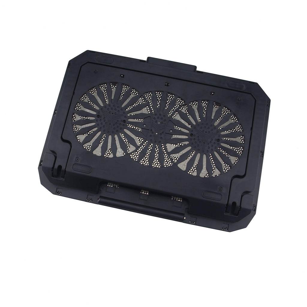 Black laptop cooling pad with dual fans for optimal tech gadget performance and heat dissipation