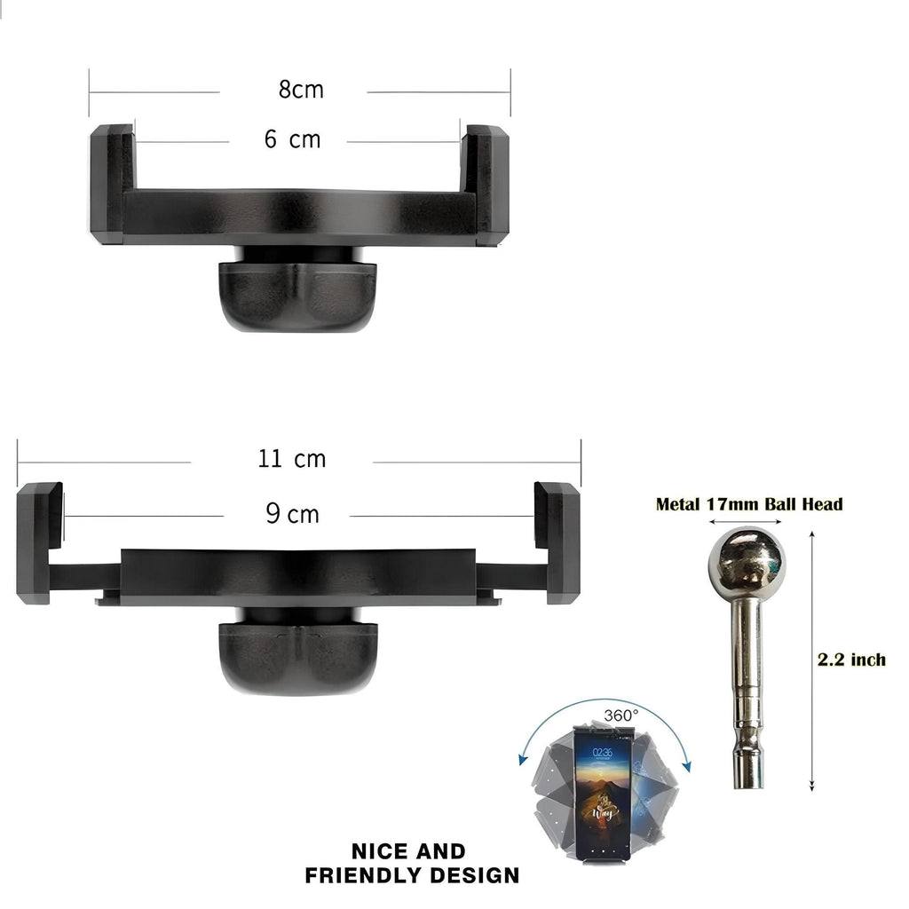 Adjustable phone mount with 360° rotation, metal ball head, and precise dimensions for tech gadgets
