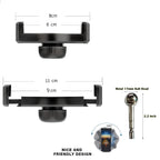 Adjustable phone mount with 360° rotation, metal ball head, and precise dimensions for tech gadgets