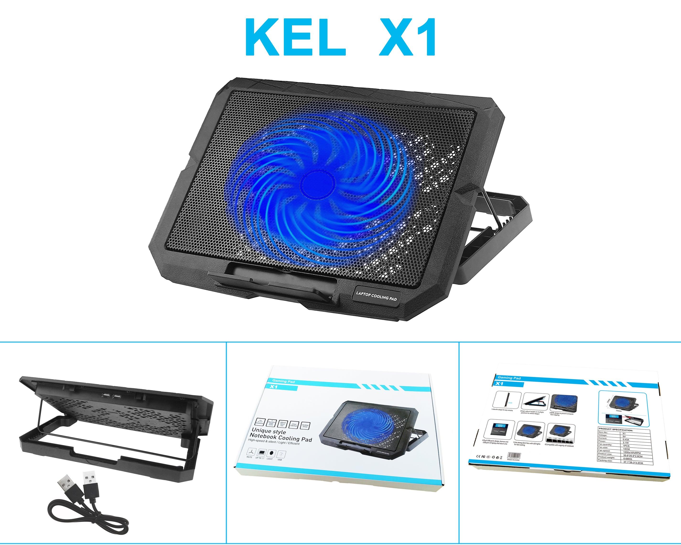 KEL X1 laptop cooling pad with blue LED fan, USB powered, for gaming notebooks, portable design