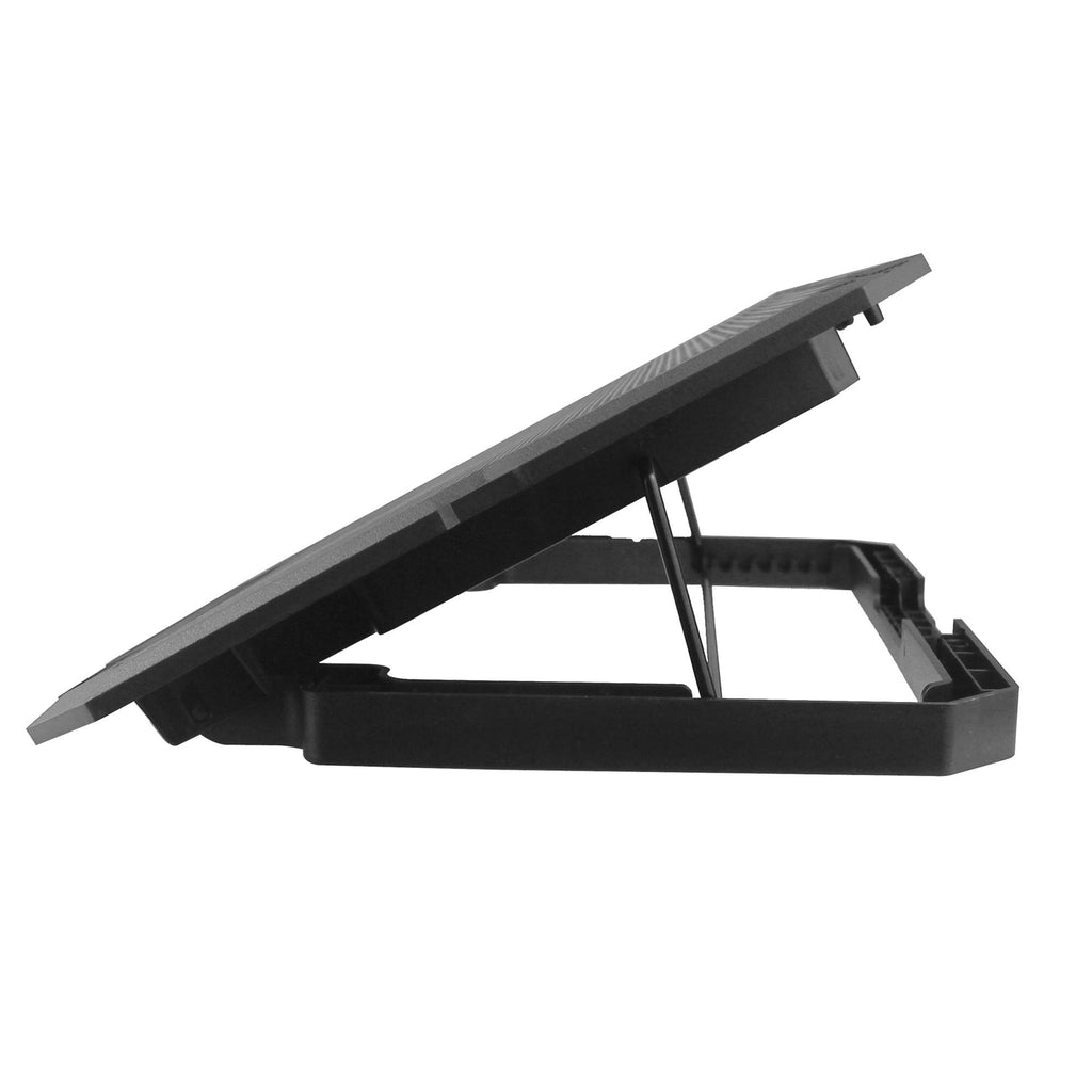 Black adjustable laptop stand with vented surface for cooling and ergonomic typing