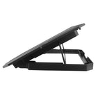 Black adjustable laptop stand with vented surface for cooling and ergonomic typing