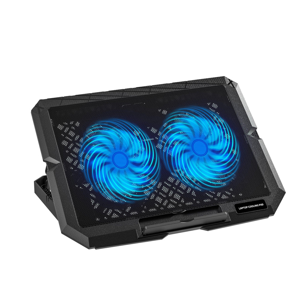 Black laptop cooling pad with dual blue LED fans and mesh surface for optimal airflow and overheating prevention.