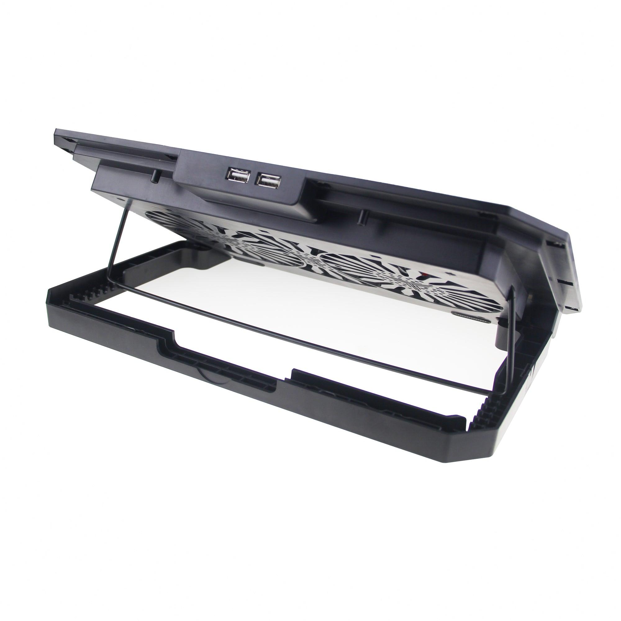 Black laptop cooling pad with dual fans and USB ports for optimal tech gadget performance