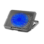 Laptop cooling pad with blue LED fan, mesh surface, and adjustable stand for optimal airflow and heat dissipation.
