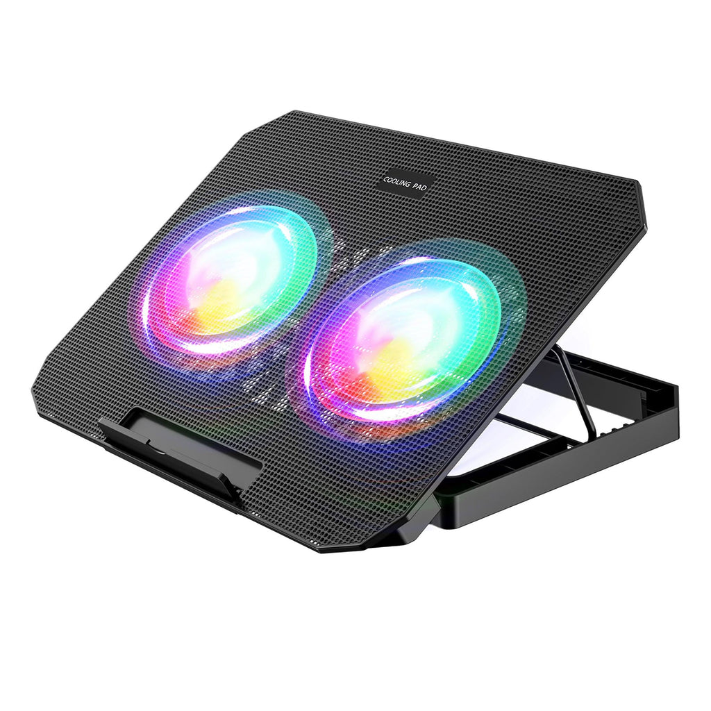 RGB laptop cooling pad with dual fans and mesh design for optimal airflow and temperature control