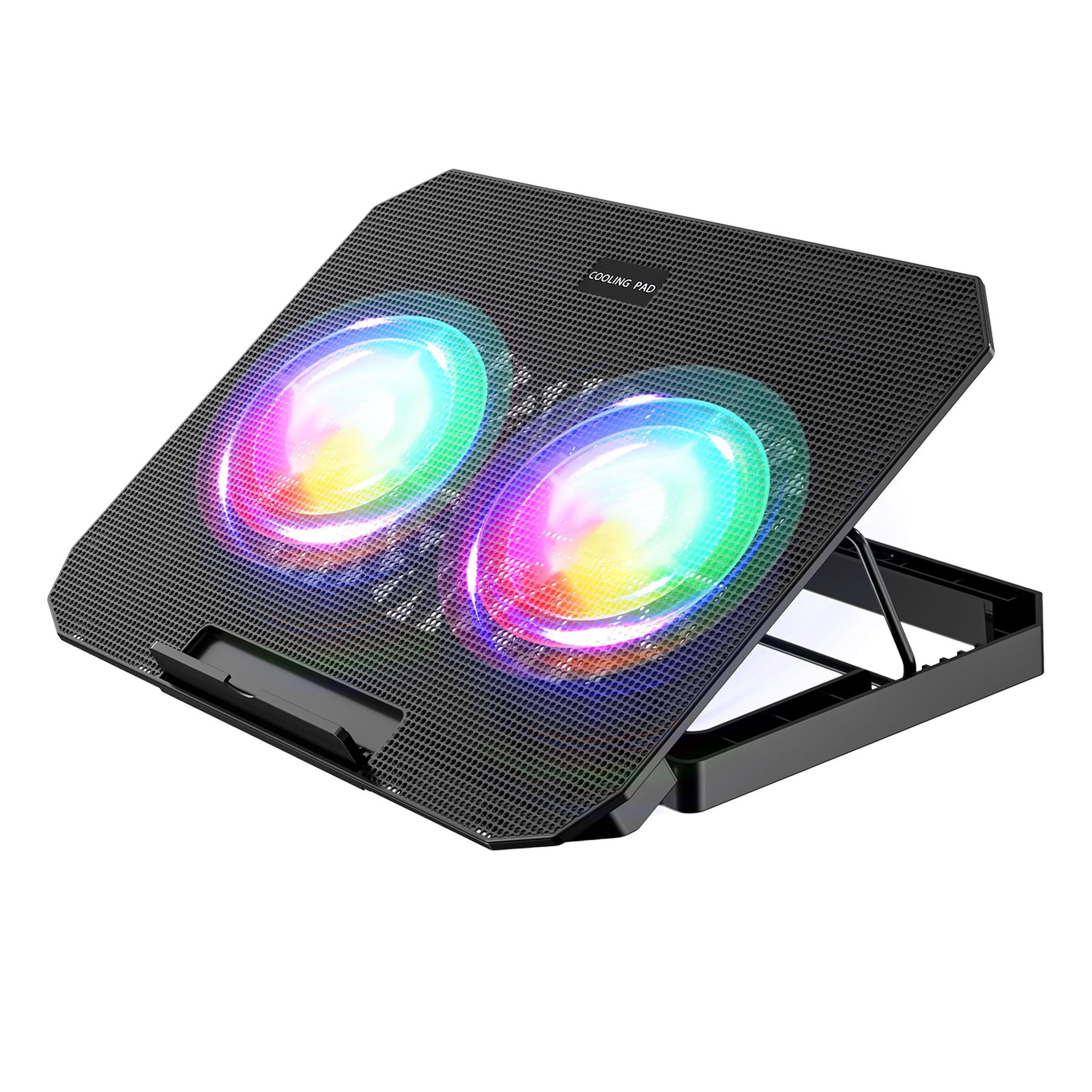 RGB laptop cooling pad with dual fans and mesh design for optimal airflow and temperature control