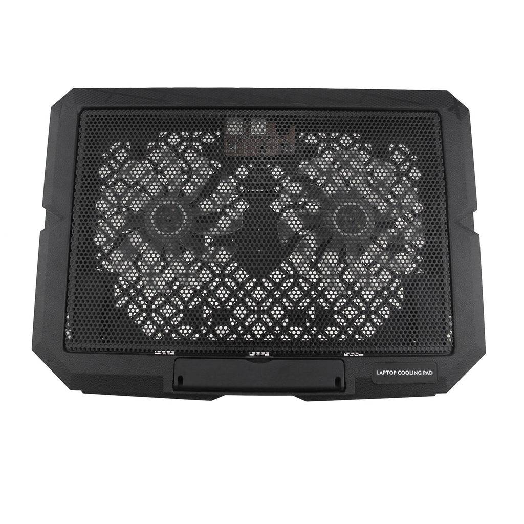Black laptop cooling pad with dual fans and mesh design for optimal airflow and overheating prevention.