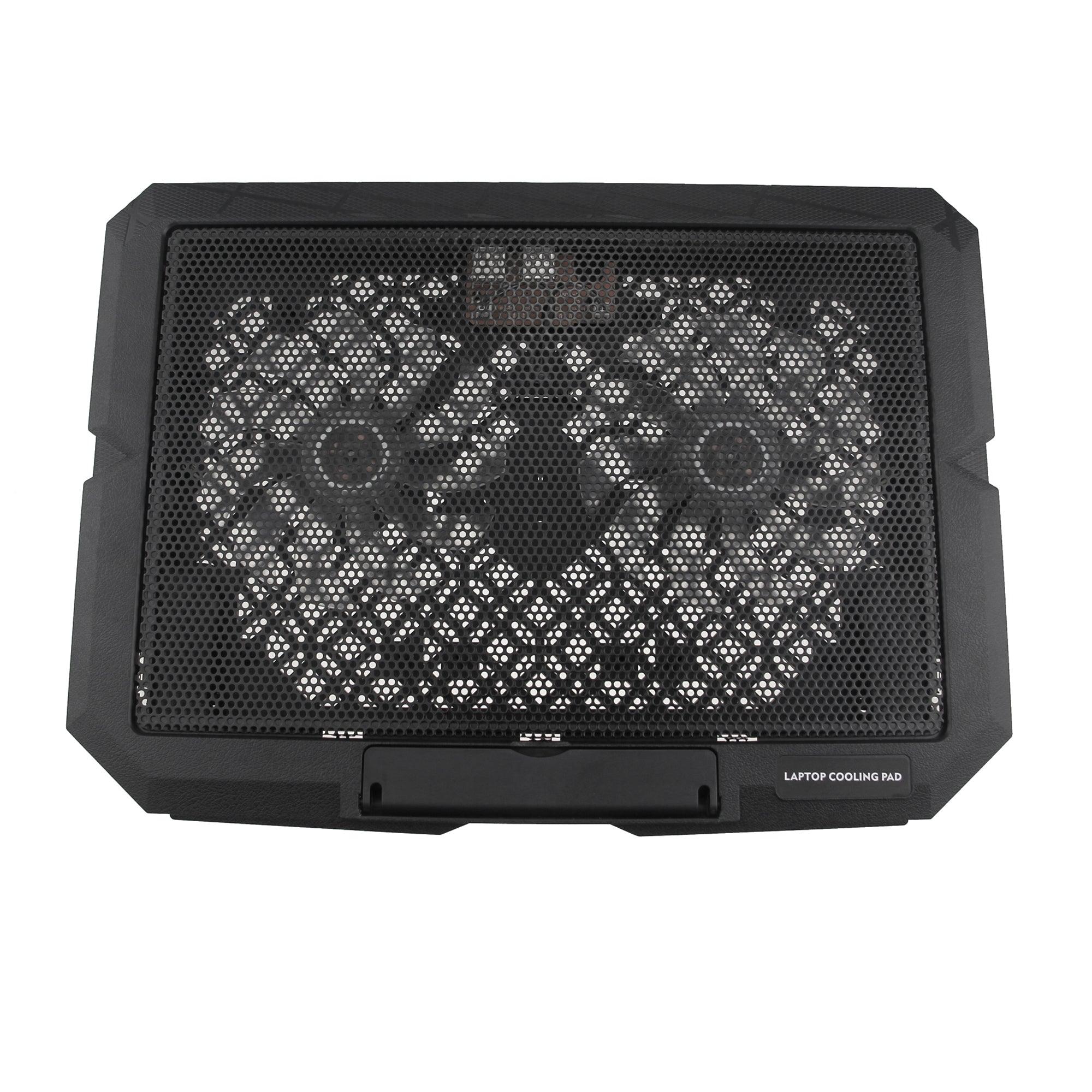 Black laptop cooling pad with dual fans and mesh design for optimal airflow and overheating prevention.