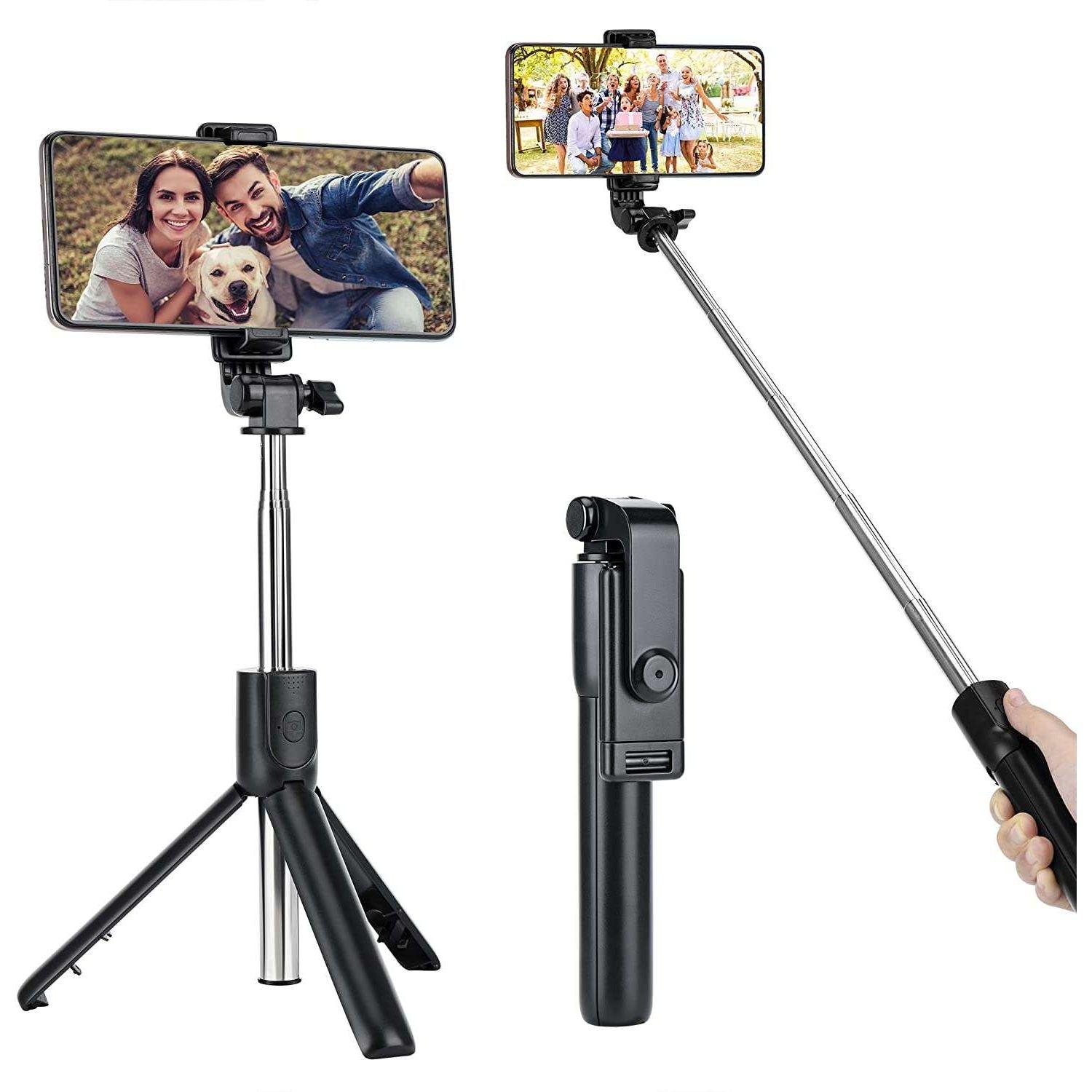 Compact selfie stick with tripod base, extendable pole, and phone mount for group photos and vlogging
