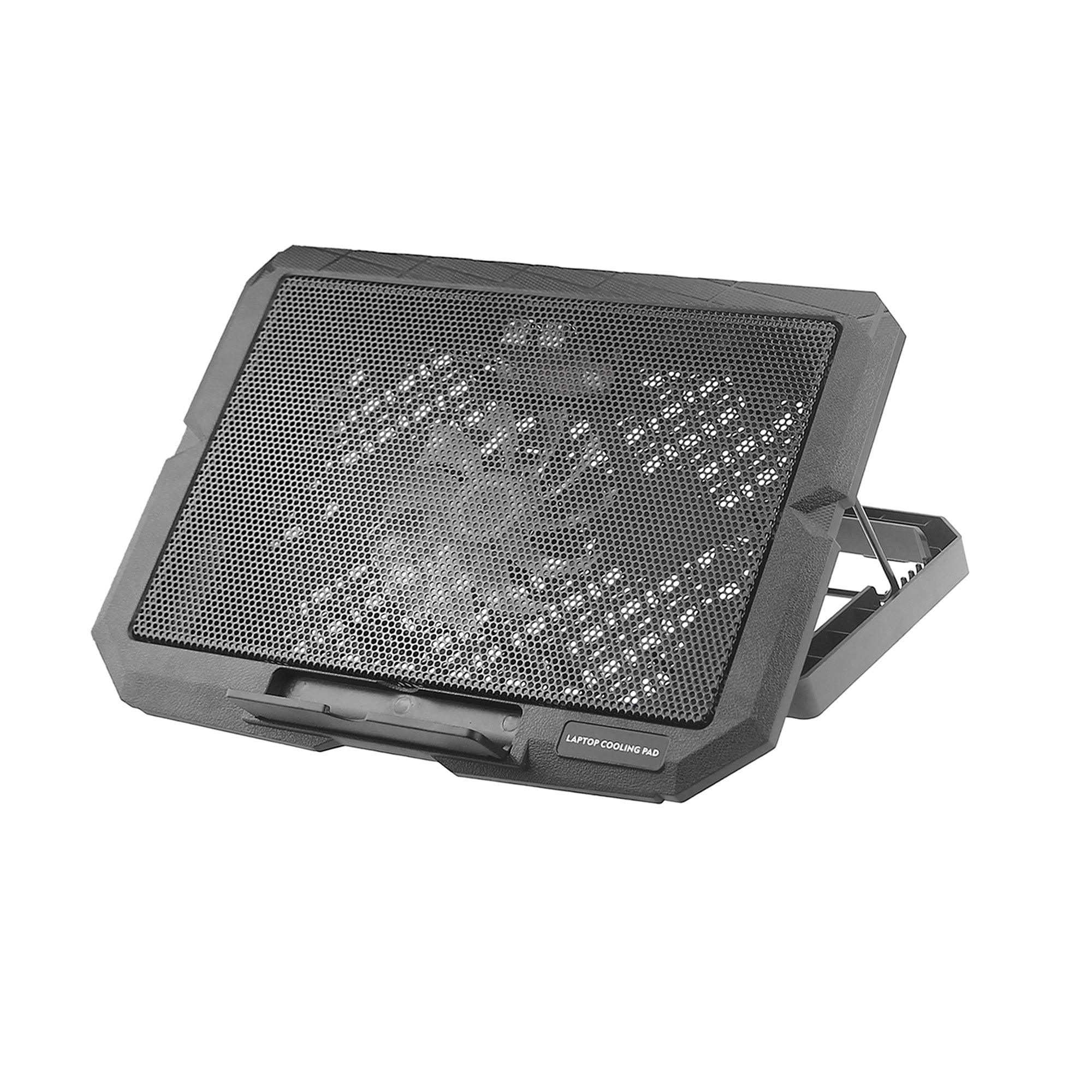 Black laptop cooling pad with mesh surface and adjustable stand for optimal airflow and heat dissipation