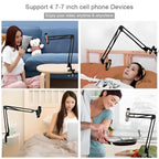 Adjustable phone holder for 4.7-7 inch devices, perfect for bed, couch, or kitchen use
