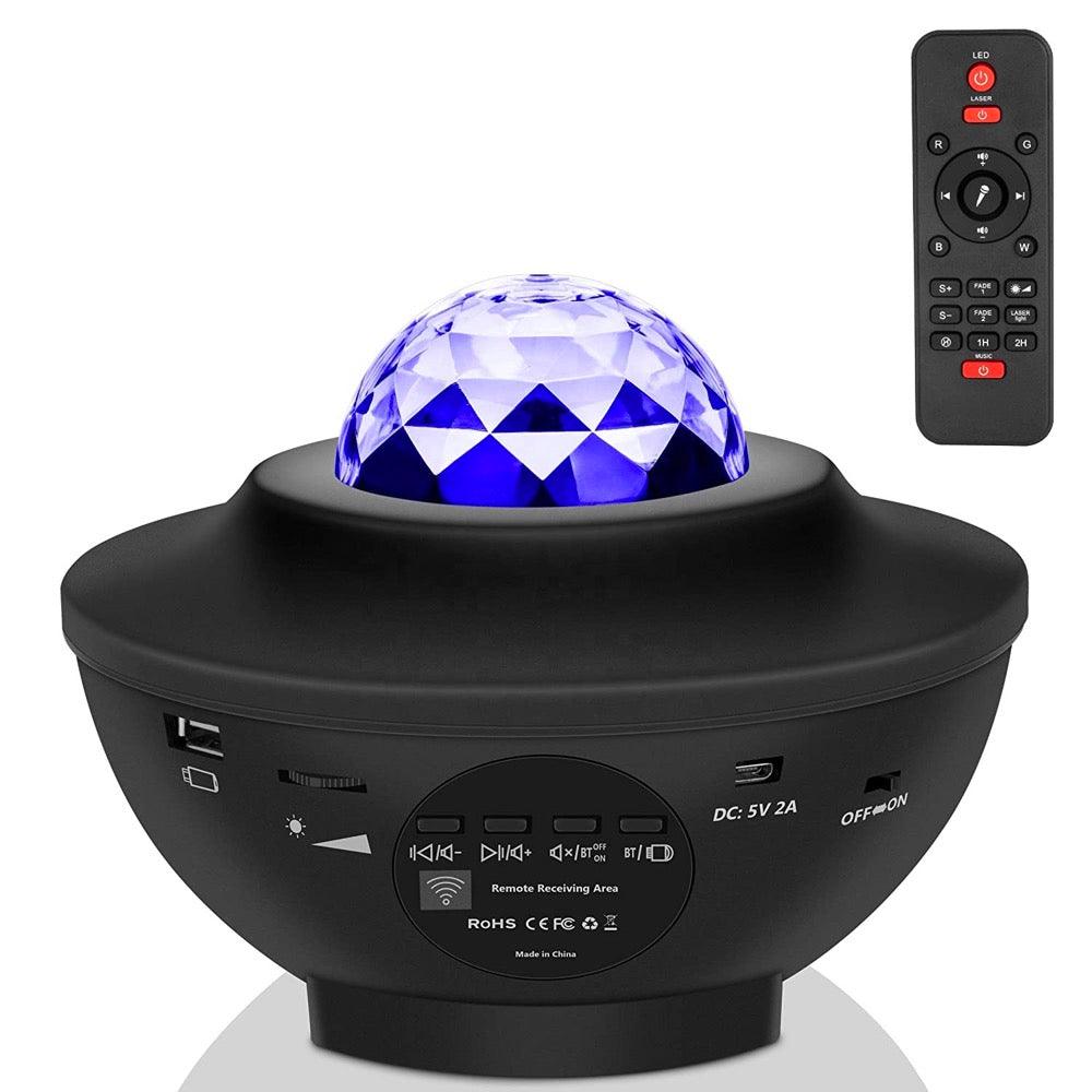 Blue LED galaxy projector with remote, Bluetooth speaker, USB ports, and dimmable night light for bedroom ambiance