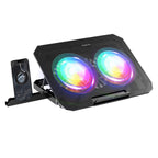 RGB laptop cooling pad with dual fans and phone holder, ideal for gaming and tech gadgets