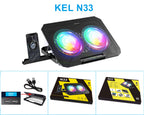KEL N33 RGB laptop cooling pad with dual fans, USB ports, and phone stand for gamers and tech users