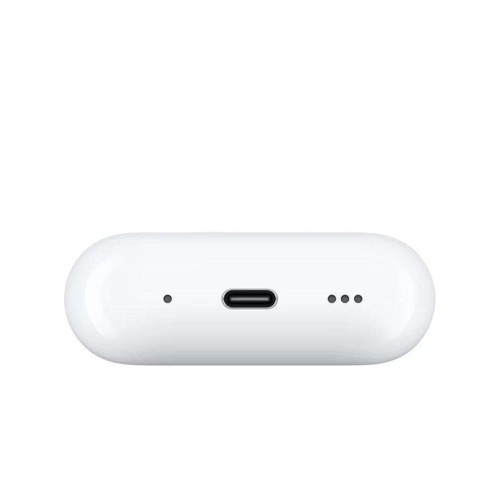 White wireless earbud charging case with USB-C port and status indicators