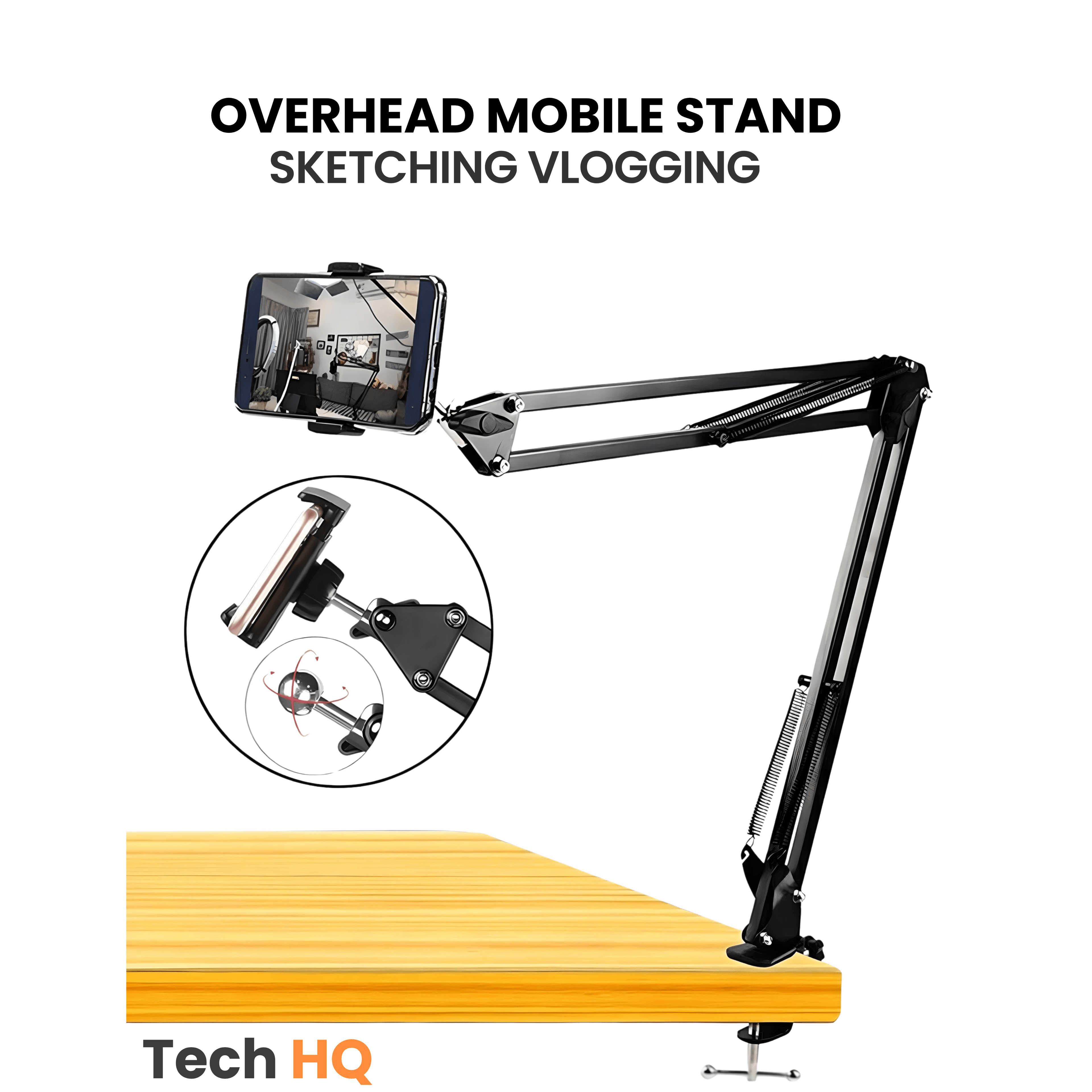 Overhead mobile stand for sketching and vlogging, adjustable arm on wooden desk
