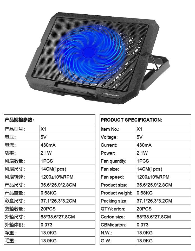 Blue LED laptop cooling pad with 14CM fan for tech gadgets