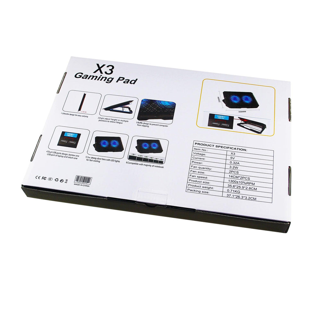 X3 Gaming Pad box with dual USB ports, LED cooling fans, and adjustable height for laptops