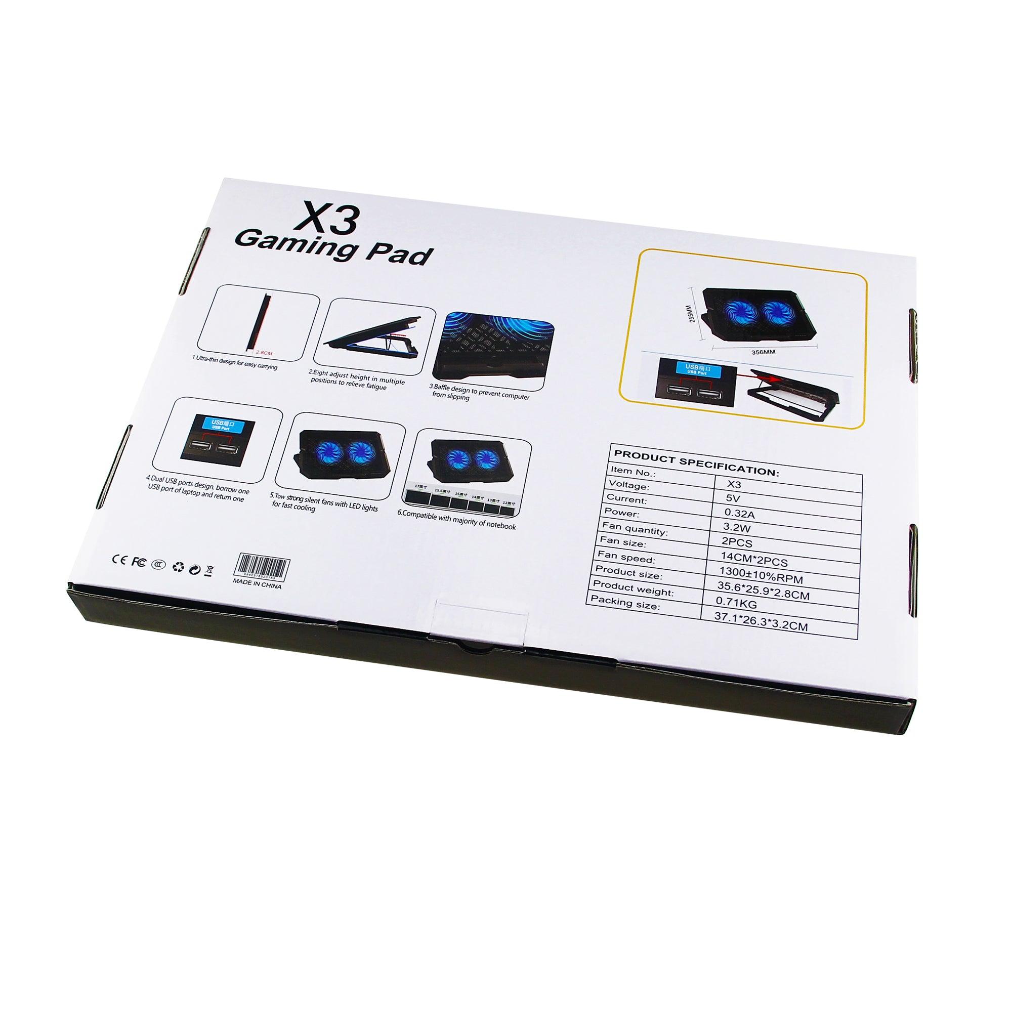 X3 Gaming Pad box with dual USB ports, LED cooling fans, and adjustable height for laptops