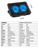Dual-fan laptop cooling pad with blue LED lights, 356x259mm, 5V 3.2W, ideal for gaming tech gadgets