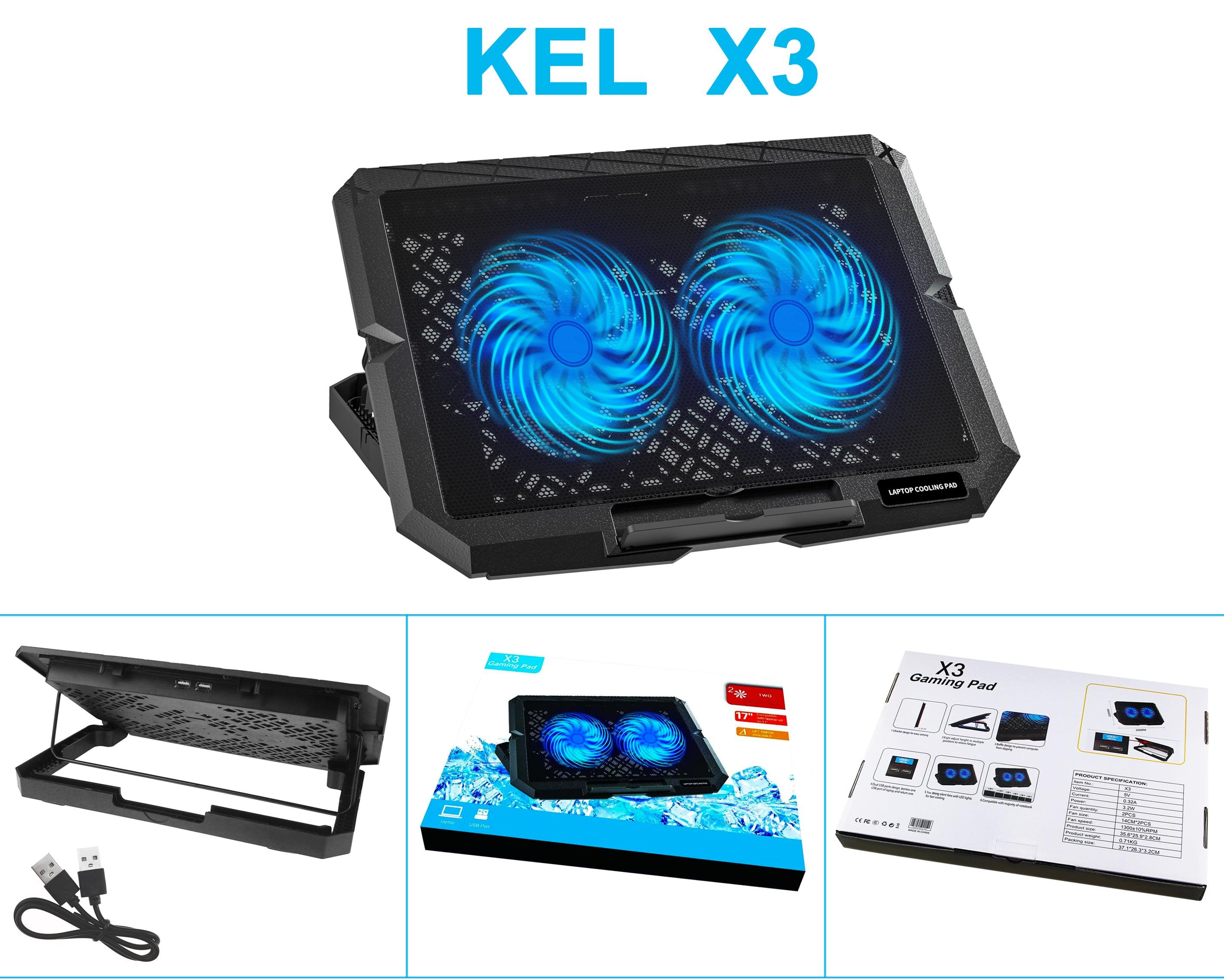 KEL X3 Gaming Laptop Cooling Pad with Dual Blue LED Fans, USB Powered, for 17" Laptops
