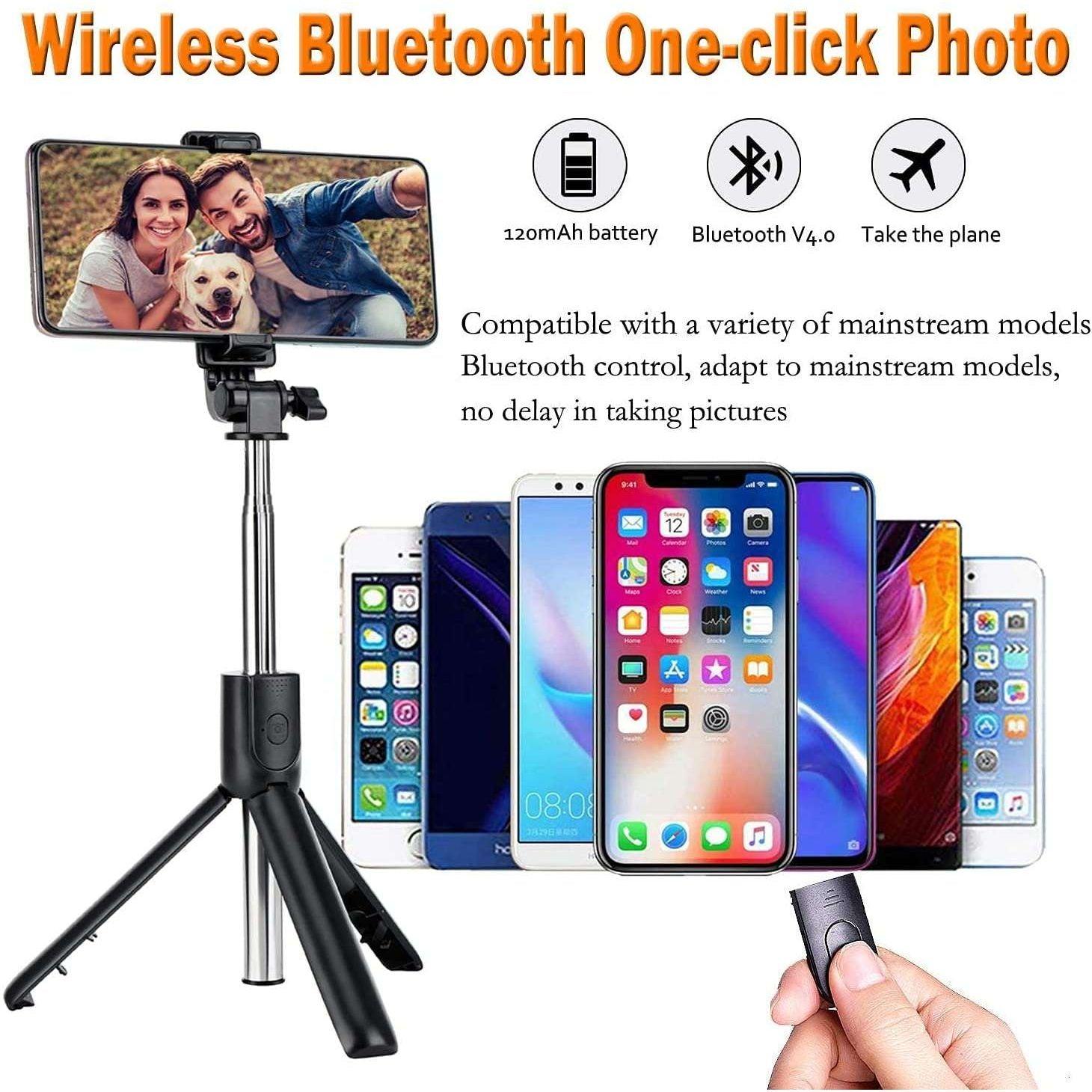 Wireless Bluetooth selfie stick tripod with remote, compatible with smartphones for one-click photos