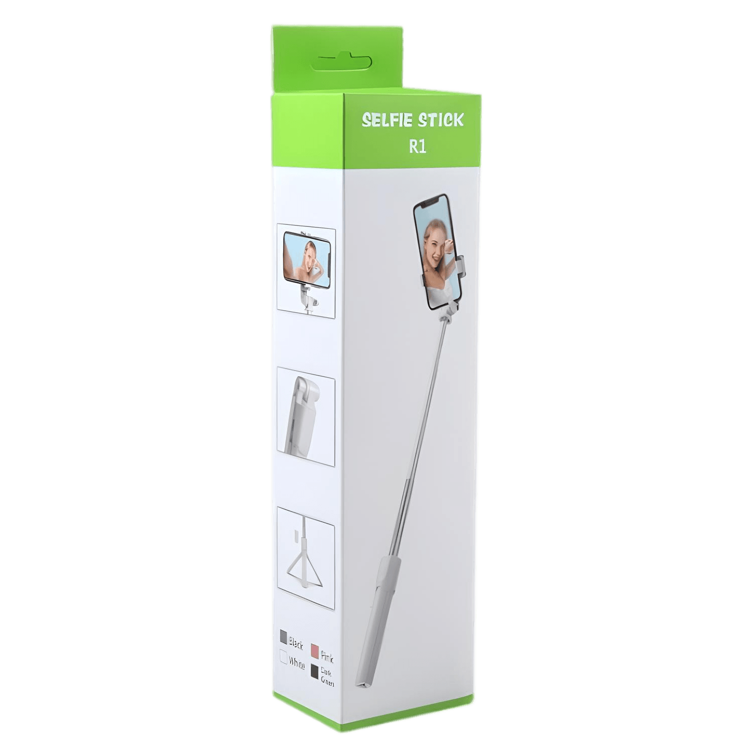 Selfie Stick R1 for smartphones, extendable design with phone mount, compact travel accessory in white packaging