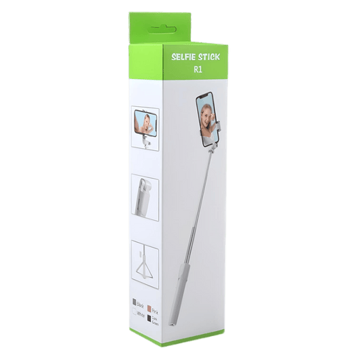 Selfie Stick R1 for smartphones, extendable design with phone mount, compact travel accessory in white packaging