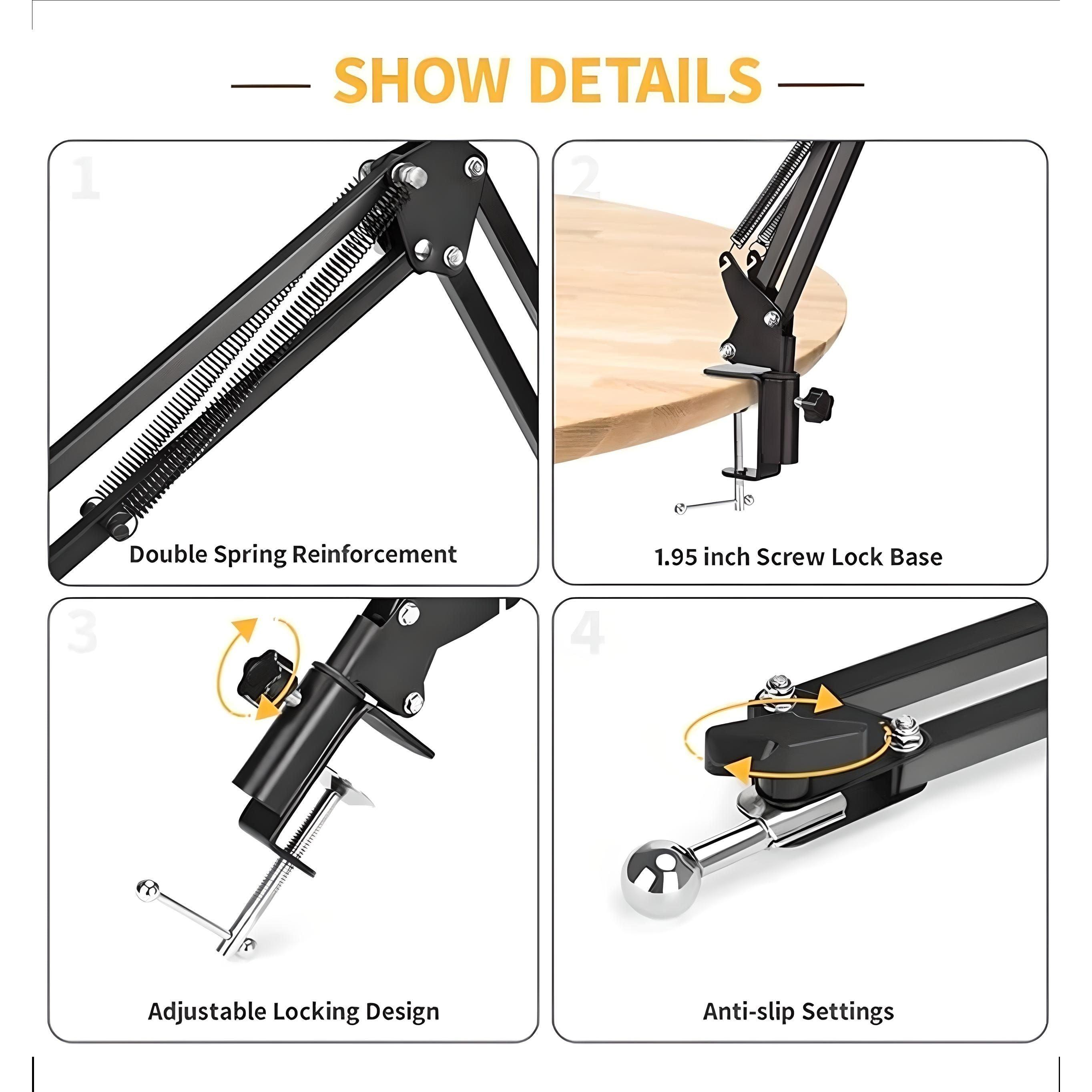 Adjustable desk mount with double spring reinforcement, screw lock base, and anti-slip settings for tech gadgets