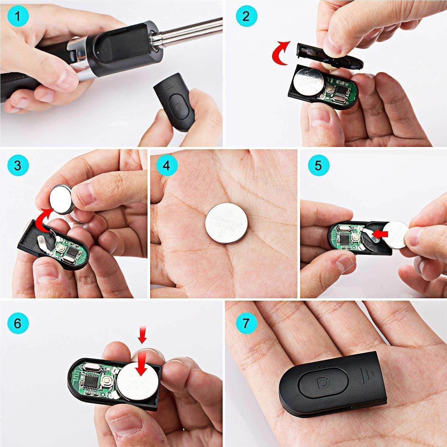 Step-by-step guide replacing CR1632 battery in compact tech gadget, showing easy DIY replacement for wireless devices