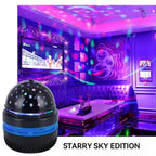 Starry Sky Edition LED projector casting colorful galaxy lights in a vibrant party room