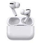 White wireless earbuds with charging case, sleek tech gadget for audio