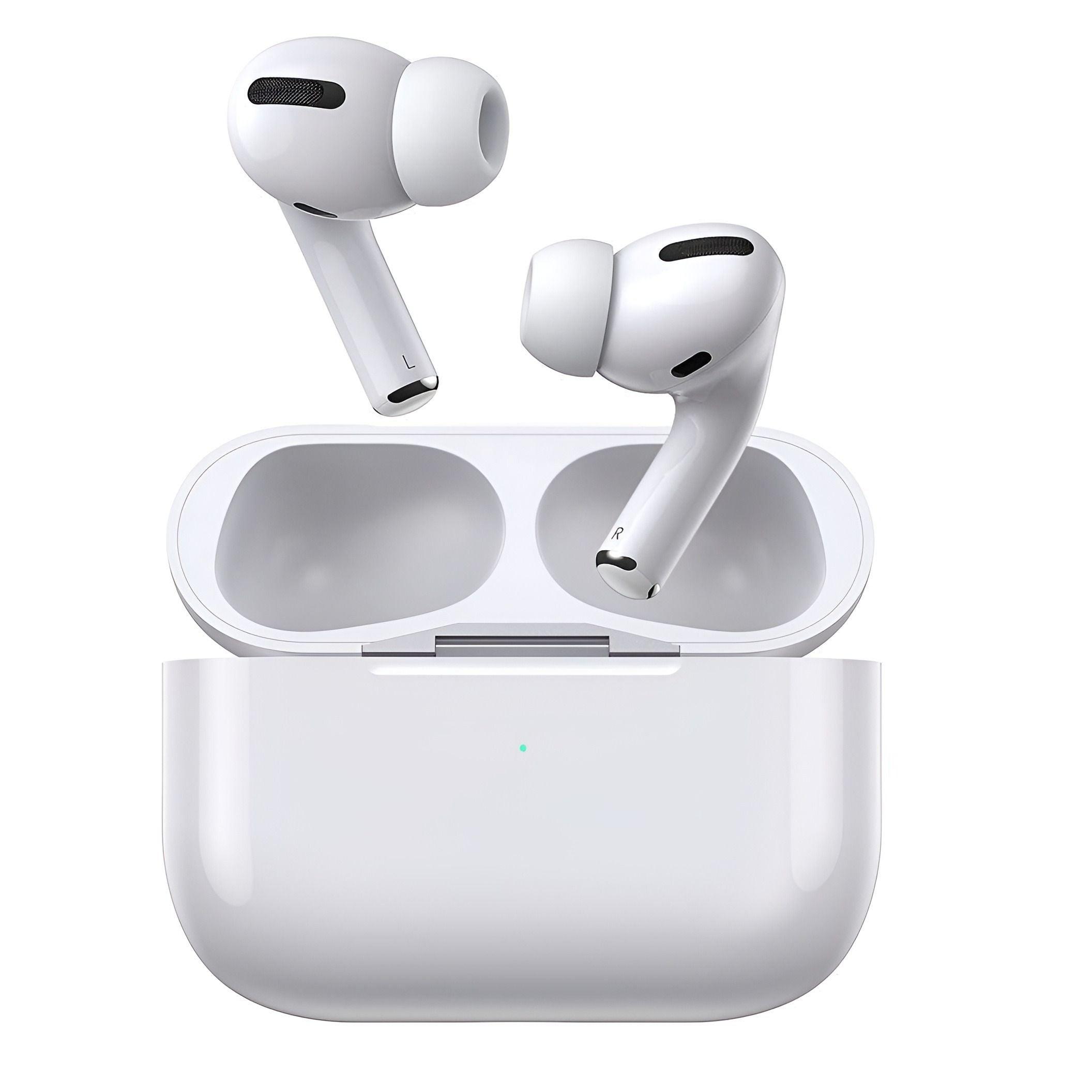 White wireless earbuds with charging case, sleek tech gadget for audio