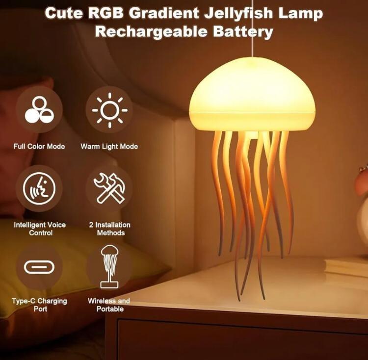 Cute RGB gradient jellyfish lamp with voice control, rechargeable battery, and warm light mode for bedside decor