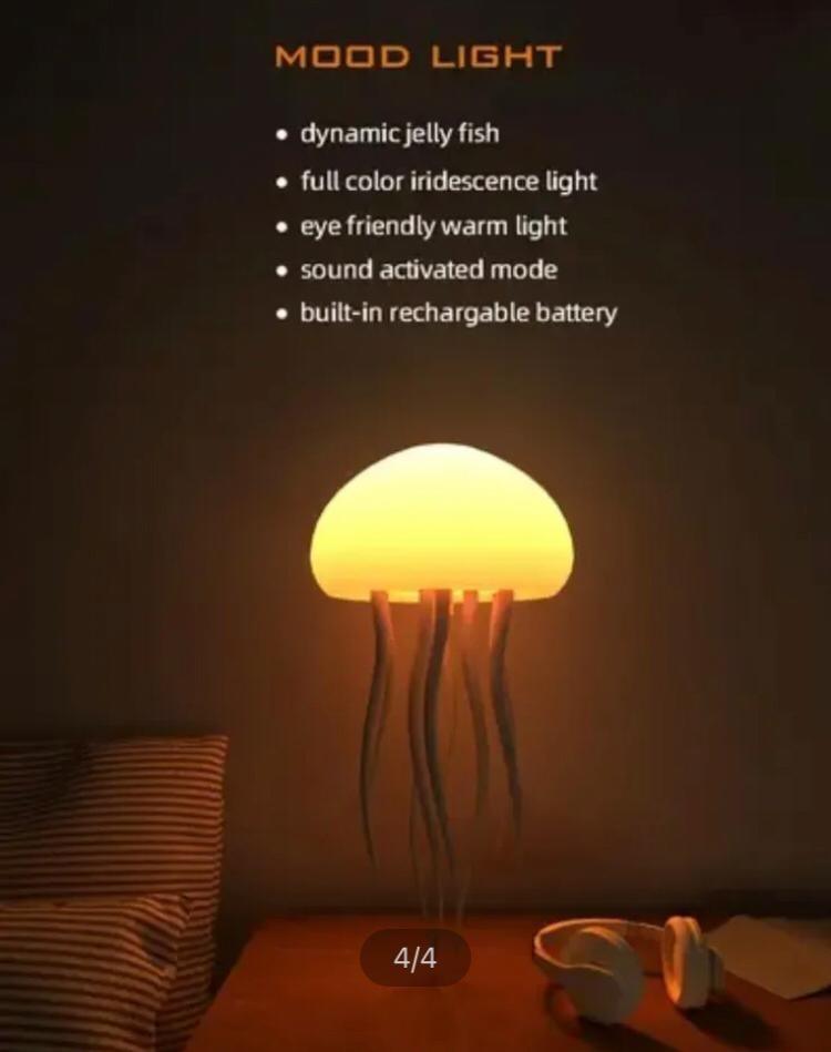 Jellyfish mood light with warm iridescent glow, sound-activated, rechargeable, perfect for bedroom ambiance