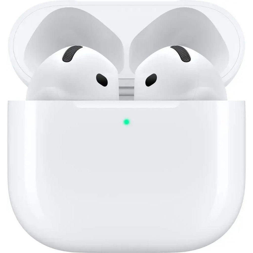 White wireless earbuds in charging case with green LED indicator, sleek tech gadget for audio