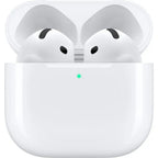 White wireless earbuds in charging case with green LED indicator, sleek tech gadget for audio