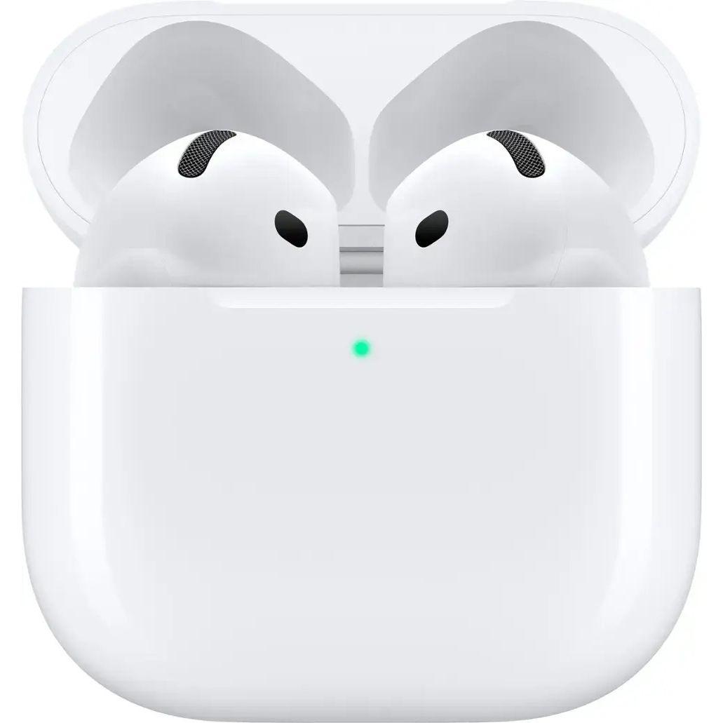 White wireless earbuds in charging case with green LED indicator, sleek tech gadget for audio