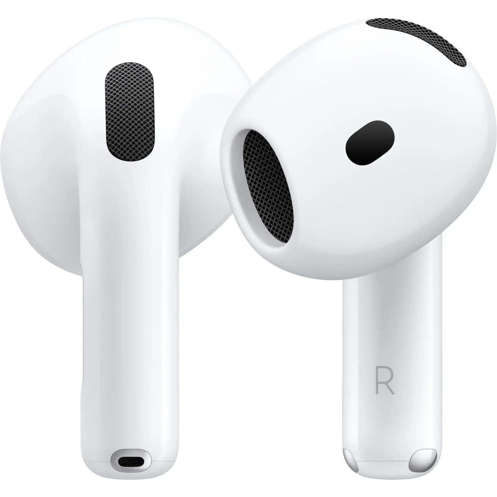 White wireless earbuds with sleek design and mesh grills for premium audio experience